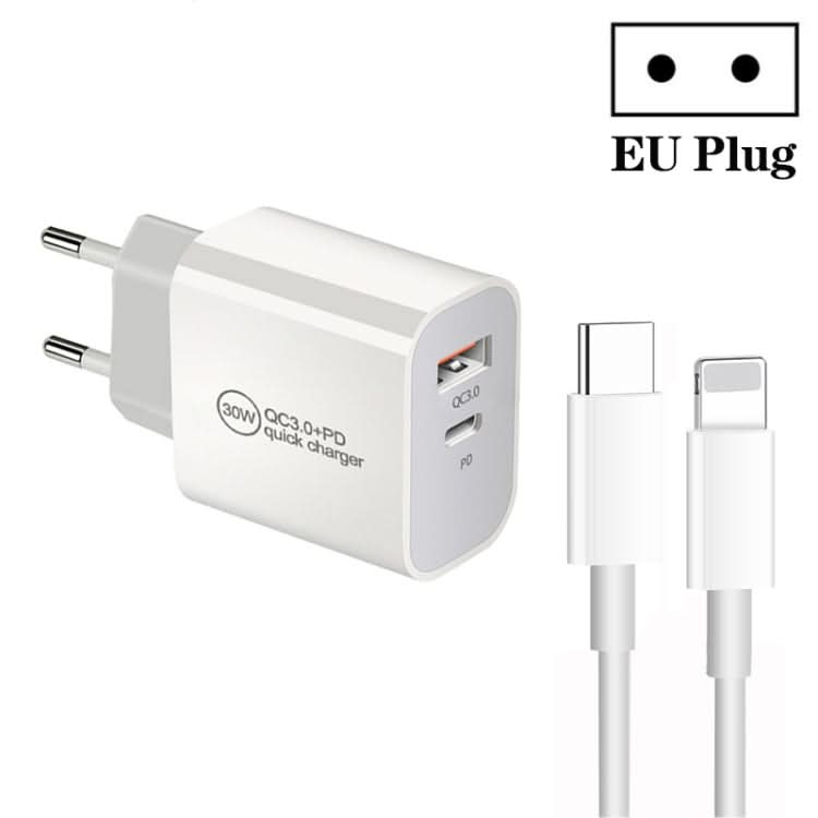 PD30W USB-C / Type-C + QC3.0 USB Dual Port Charger with 1m Type-C to 8 Pin Data Cable