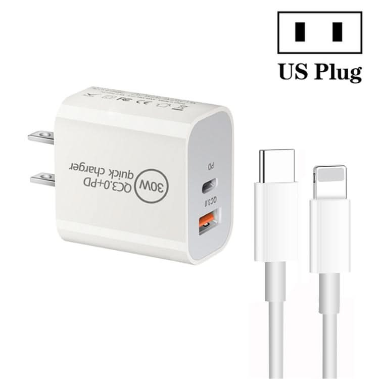 PD30W USB-C / Type-C + QC3.0 USB Dual Port Charger with 1m Type-C to 8 Pin Data Cable