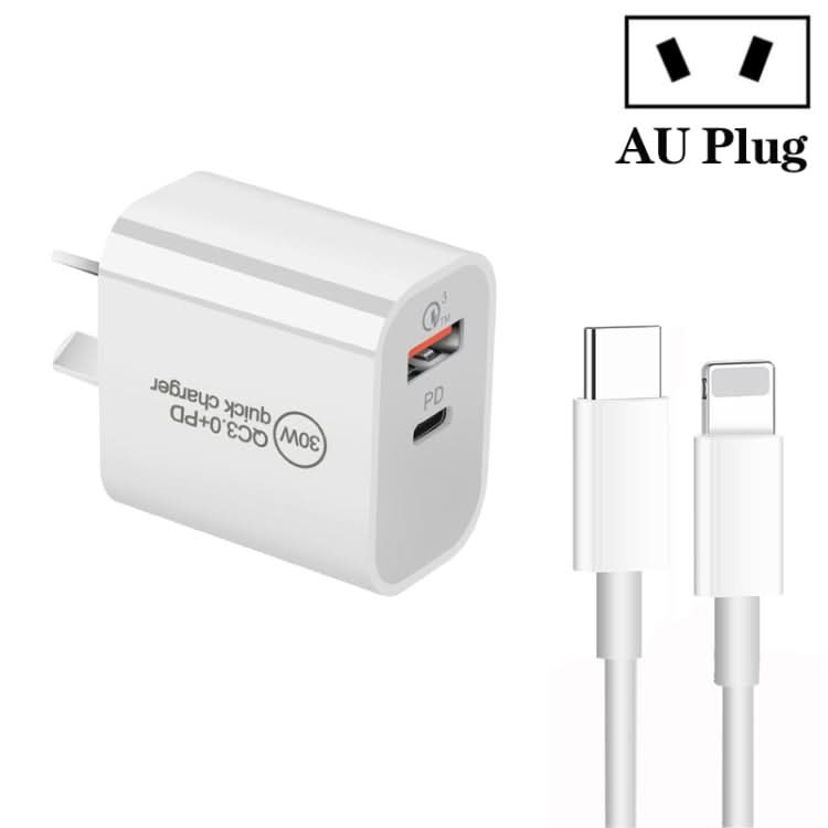 PD30W USB-C / Type-C + QC3.0 USB Dual Port Charger with 1m Type-C to 8 Pin Data Cable