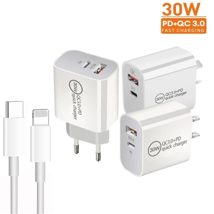 PD30W USB-C / Type-C + QC3.0 USB Dual Port Charger with 1m Type-C to 8 Pin Data Cable