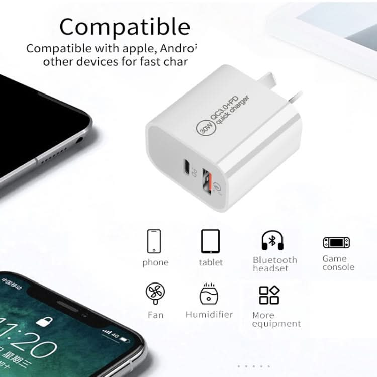 PD30W USB-C / Type-C + QC3.0 USB Dual Port Charger with 1m Type-C to 8 Pin Data Cable