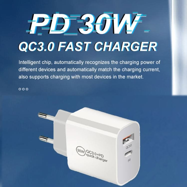 PD30W USB-C / Type-C + QC3.0 USB Dual Port Charger with 1m Type-C to 8 Pin Data Cable