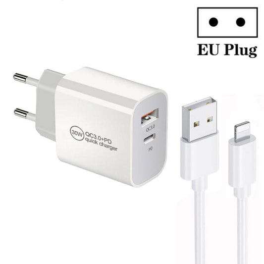 PD30W USB-C / Type-C + QC3.0 USB Dual Port Charger with 1m USB to 8 Pin Data Cable