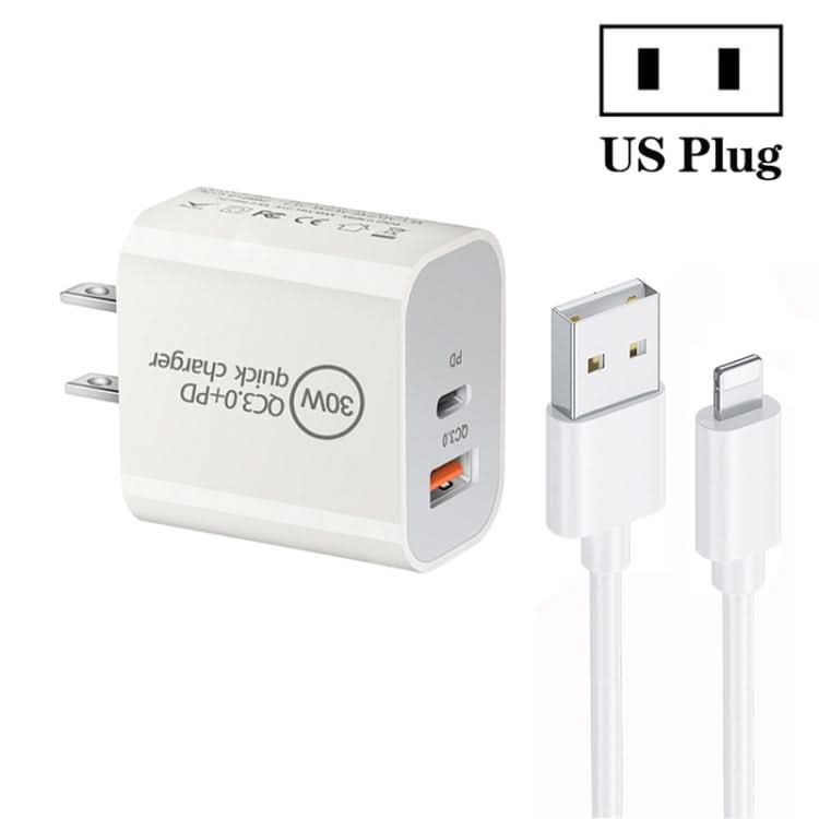 PD30W USB-C / Type-C + QC3.0 USB Dual Port Charger with 1m USB to 8 Pin Data Cable