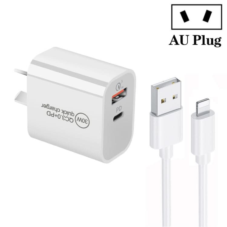 PD30W USB-C / Type-C + QC3.0 USB Dual Port Charger with 1m USB to 8 Pin Data Cable