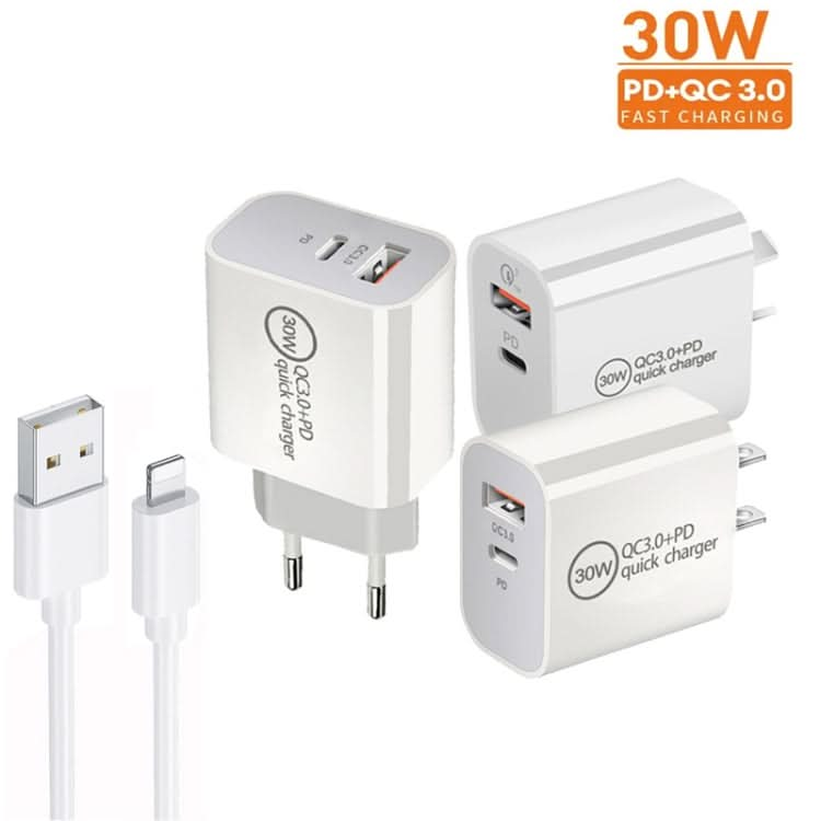 PD30W USB-C / Type-C + QC3.0 USB Dual Port Charger with 1m USB to 8 Pin Data Cable