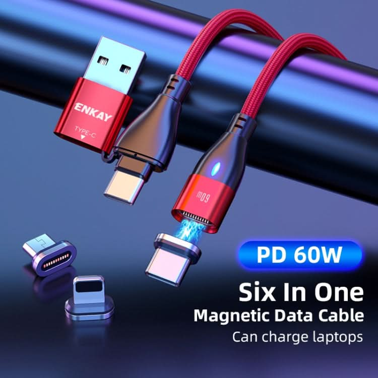 ENKAY 6-in-1 PD60W USB-A / Type-C to Type-C / 8 Pin / Micro USB Magnetic Fast Charging Cable