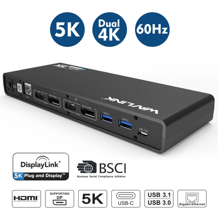 Wavlink UG69DK1 5K Type-C Dual Display USB 3.0 Video Gigabit Ethernet HDMI Docking Station