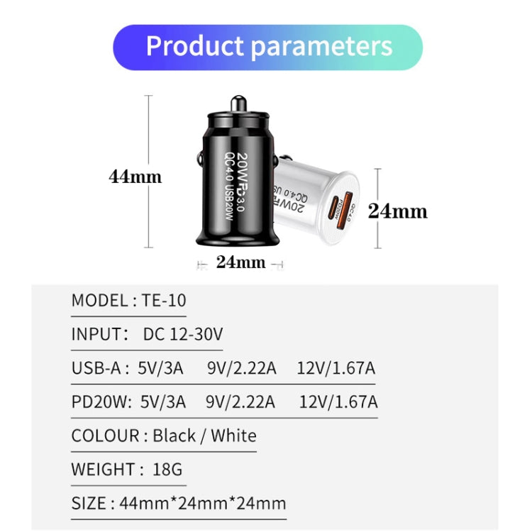 P10 Mini QC4.0 USB / PD20W Car Charger with Type-C to Type-C Fast Charging Data Cable