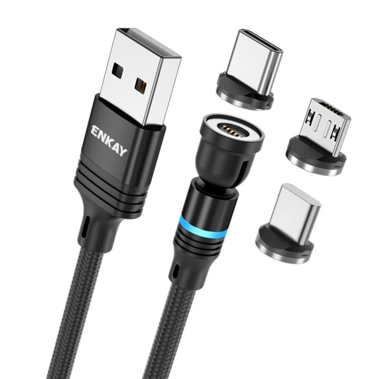 ENKAY 3 in 1 3A USB to Type-C / 8 Pin / Micro USB Magnetic 540 Degrees Rotating Fast Charging Cable