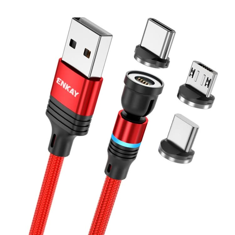 ENKAY 3 in 1 3A USB to Type-C / 8 Pin / Micro USB Magnetic 540 Degrees Rotating Fast Charging Cable