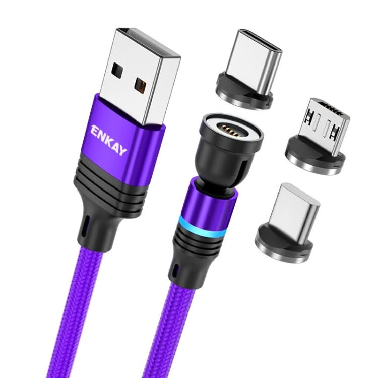 ENKAY 3 in 1 3A USB to Type-C / 8 Pin / Micro USB Magnetic 540 Degrees Rotating Fast Charging Cable