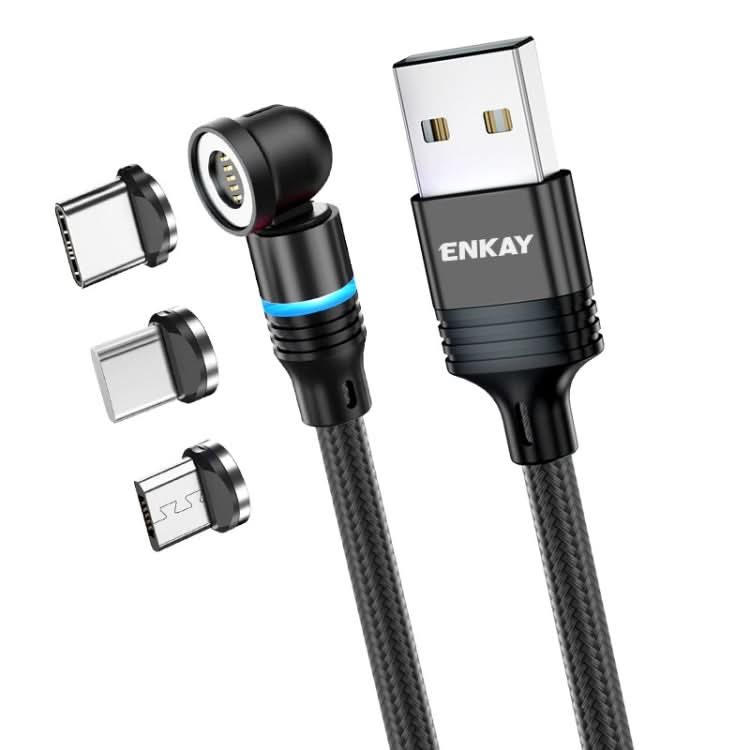 ENKAY 3 in 1 3A USB to Type-C / 8 Pin / Micro USB Magnetic 540 Degrees Rotating Fast Charging Cable