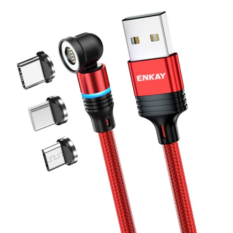 ENKAY 3 in 1 3A USB to Type-C / 8 Pin / Micro USB Magnetic 540 Degrees Rotating Fast Charging Cable