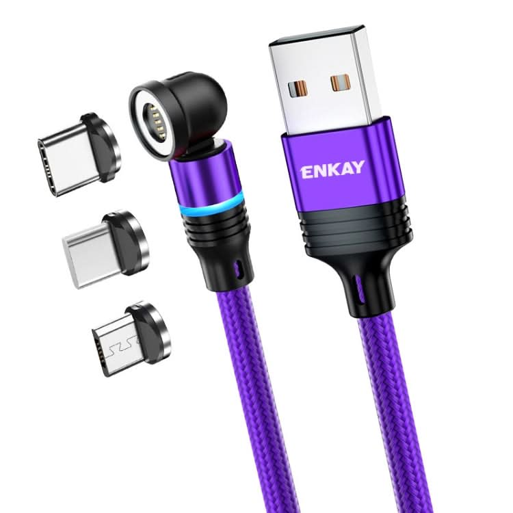 ENKAY 3 in 1 3A USB to Type-C / 8 Pin / Micro USB Magnetic 540 Degrees Rotating Fast Charging Cable