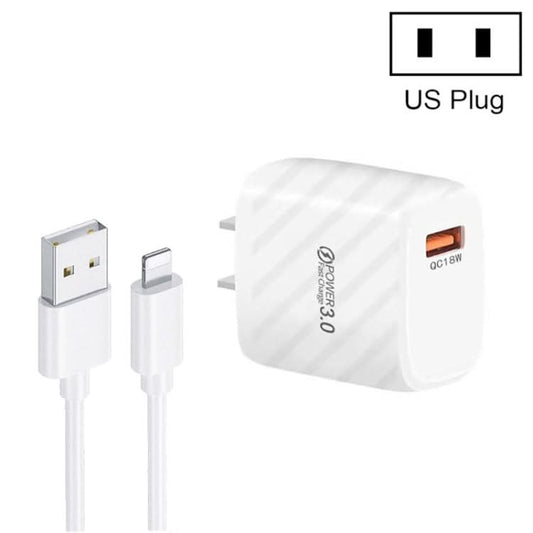 TE-005 QC3.0 18W USB Fast Charger with 1m 3A USB to 8 Pin Cable, US Plug