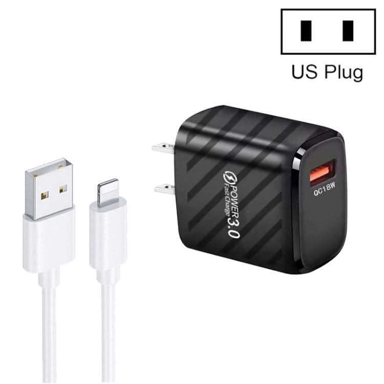 TE-005 QC3.0 18W USB Fast Charger with 1m 3A USB to 8 Pin Cable, US Plug