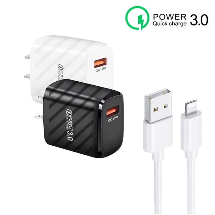 TE-005 QC3.0 18W USB Fast Charger with 1m 3A USB to 8 Pin Cable, US Plug