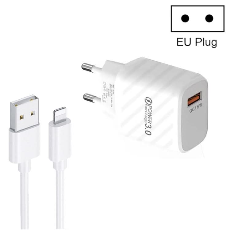 TE-005 QC3.0 18W USB Fast Charger with 1m 3A USB to 8 Pin Cable, EU Plug