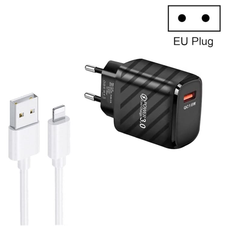 TE-005 QC3.0 18W USB Fast Charger with 1m 3A USB to 8 Pin Cable, EU Plug