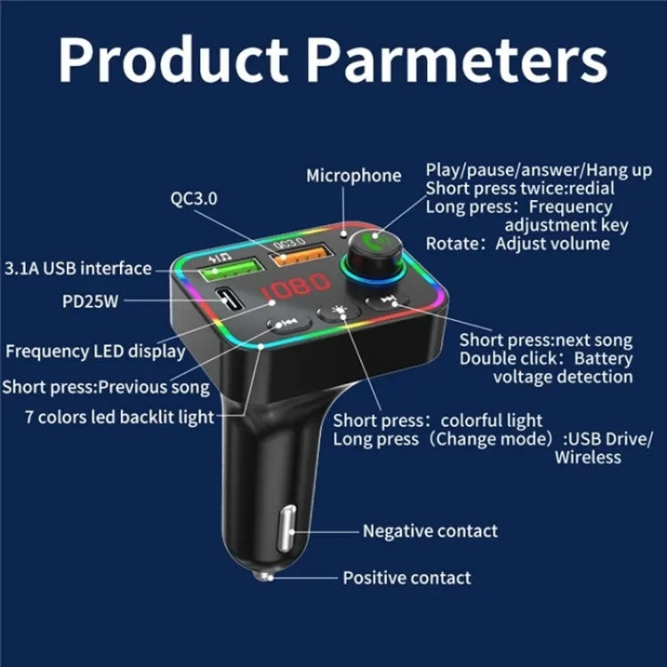 PDF4 PD 25W Fast Car Charger with Hands-Free Calls FM Transmitter 7-Color Led Lights MP3 Player