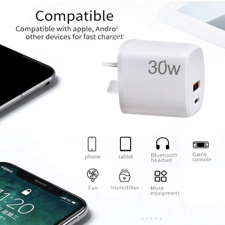 PD30W USB-C / Type-C + QC3.0 USB Dual Port Charger for iPhone 15 / iPad Series, AU Plug