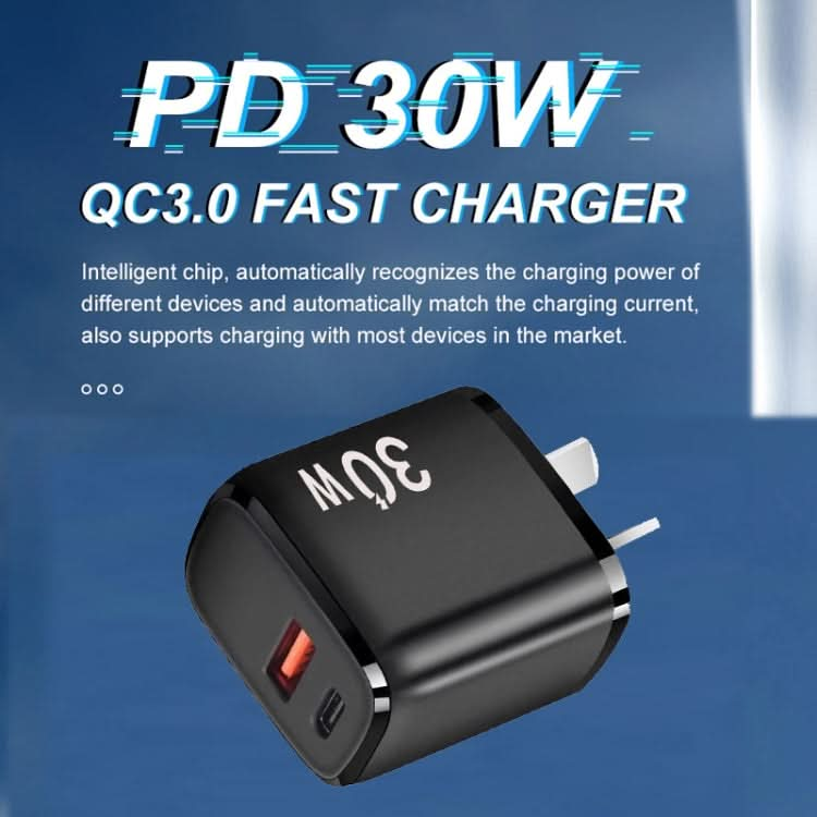 PD30W USB-C / Type-C + QC3.0 USB Dual Port Charger for iPhone 15 / iPad Series, AU Plug