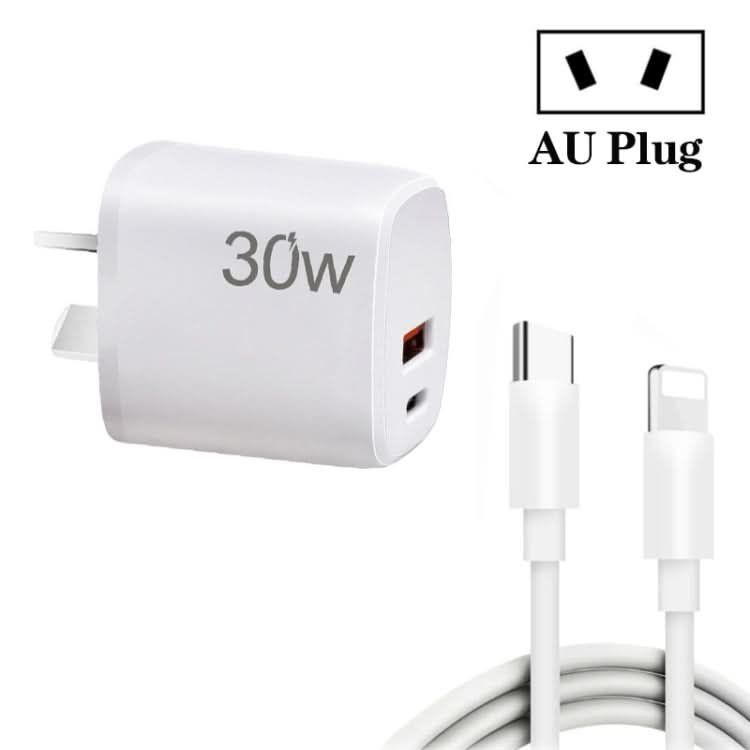 PD30W USB-C / Type-C + QC3.0 USB Charger with 1m Type-C to 8 Pin Data Cable, AU Plug