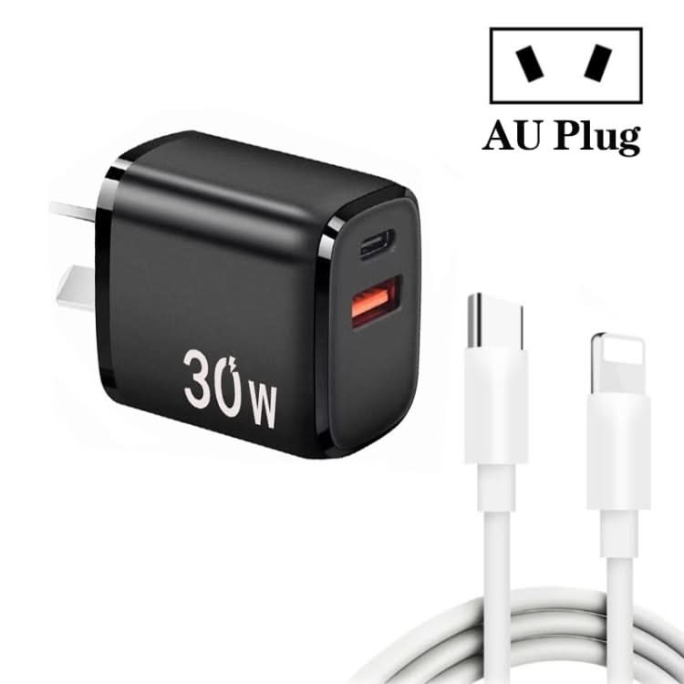 PD30W USB-C / Type-C + QC3.0 USB Charger with 1m Type-C to 8 Pin Data Cable, AU Plug