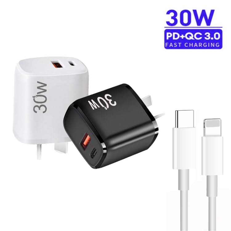 PD30W USB-C / Type-C + QC3.0 USB Charger with 1m Type-C to 8 Pin Data Cable, AU Plug