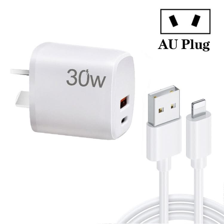 PD30W USB-C / Type-C + QC3.0 USB Charger with 1m USB to 8 Pin Data Cable, AU Plug