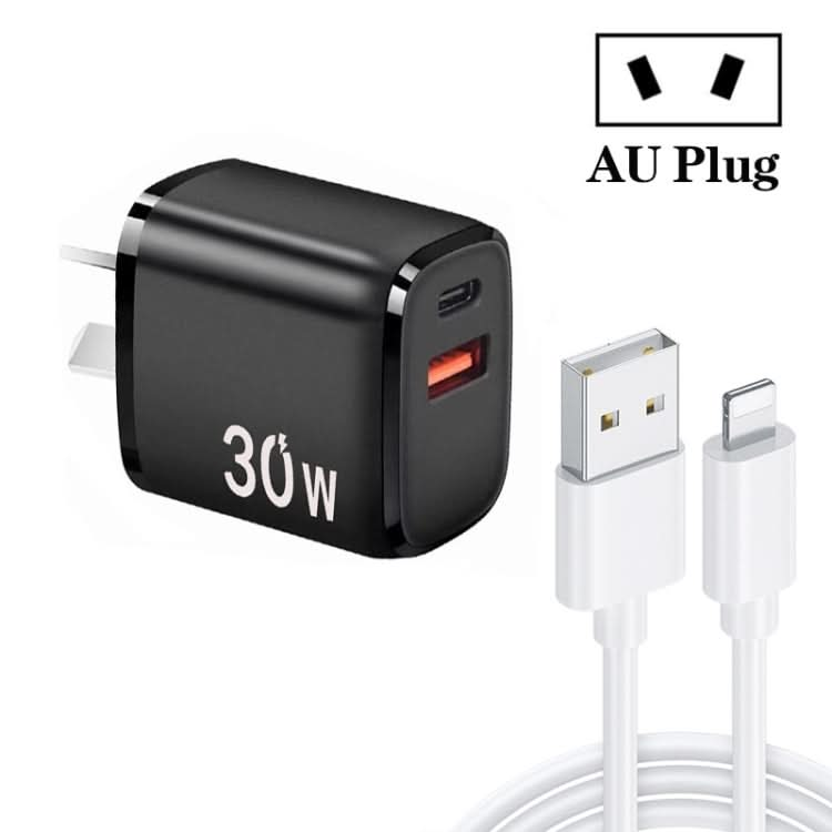 PD30W USB-C / Type-C + QC3.0 USB Charger with 1m USB to 8 Pin Data Cable, AU Plug