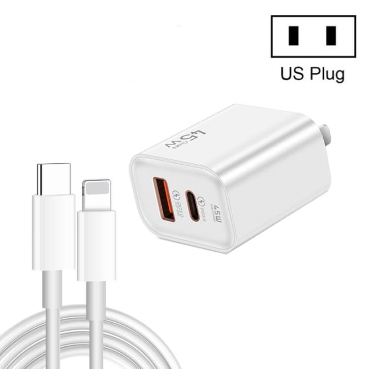 45PQ 45W PD25W + QC3.0 20W USB Super Fast Charger with Type-C to 8 Pin Cable, US Plug