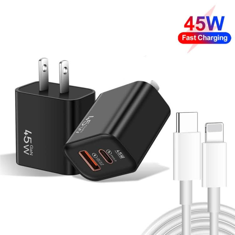 45PQ 45W PD25W + QC3.0 20W USB Super Fast Charger with Type-C to 8 Pin Cable, US Plug