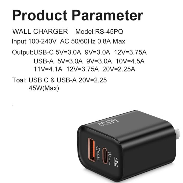 45PQ 45W PD25W + QC3.0 20W USB Super Fast Charger with Type-C to 8 Pin Cable, US Plug