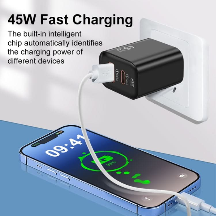 45PQ 45W PD25W + QC3.0 20W USB Super Fast Charger with Type-C to 8 Pin Cable, US Plug