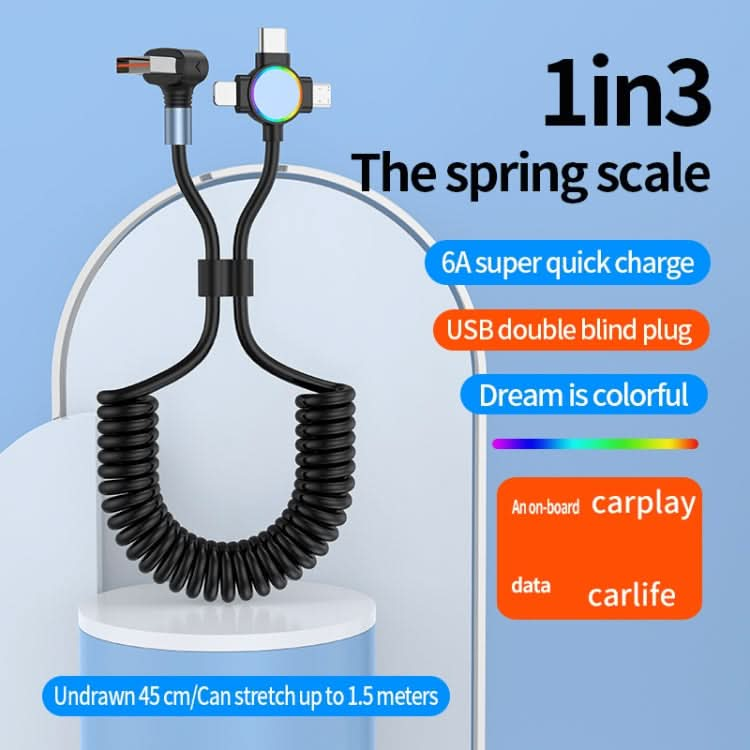 66W 3 in 1 USB to 8 Pin + Micro USB + USB-C / Type-C Fast Charging Elbow Spring Cable