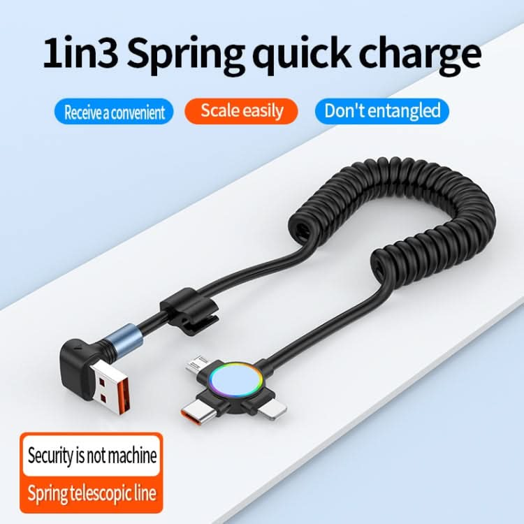 66W 3 in 1 USB to 8 Pin + Micro USB + USB-C / Type-C Fast Charging Elbow Spring Cable