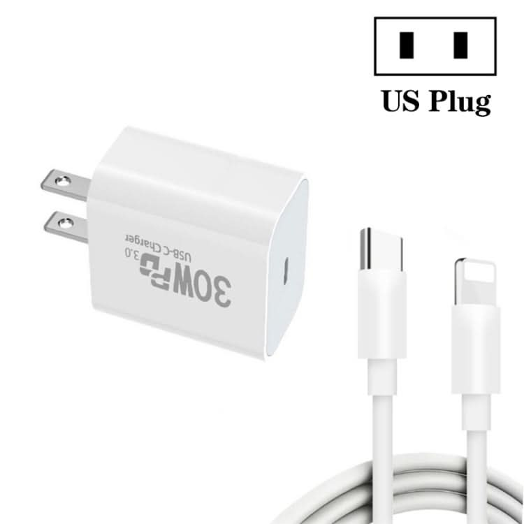 Single Port PD30W USB-C / Type-C Charger with Type-C to 8 Pin Data Cable