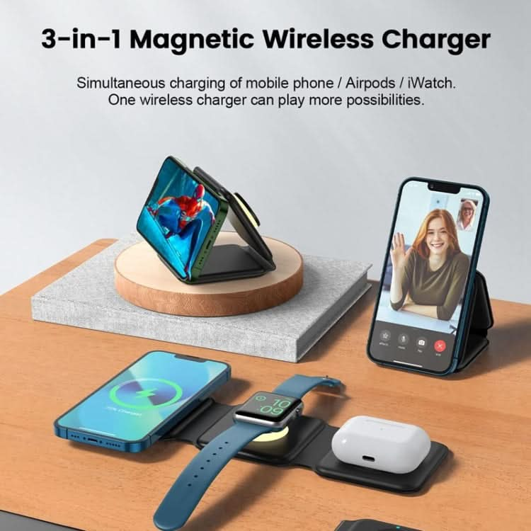 3 in 1 Wireless Charging Station Magnetic Foldable Travel Fast Charger for iPhone 15/14/13/12 Series / AirPods / iWatch