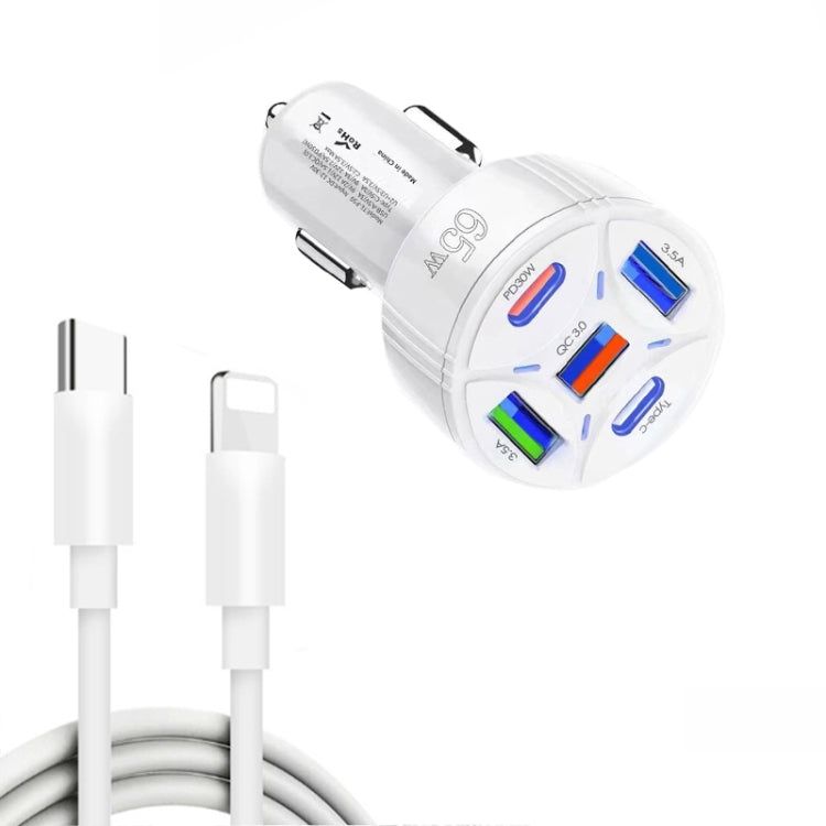 TE-P50 65W PD30W Type-C x 2 + USB x 3 Multi Port Car Charger with 1m Type-C to 8 Pin Data Cable