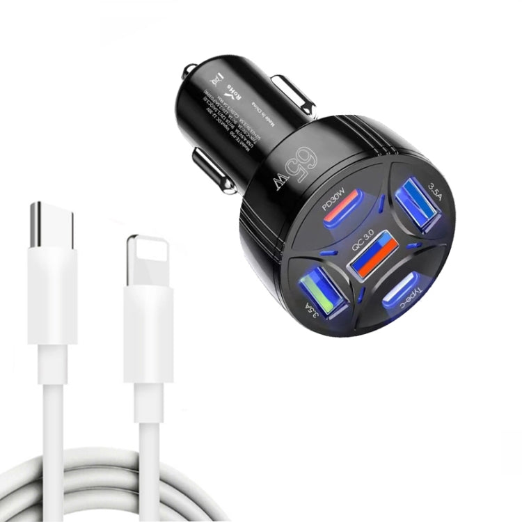 TE-P50 65W PD30W Type-C x 2 + USB x 3 Multi Port Car Charger with 1m Type-C to 8 Pin Data Cable