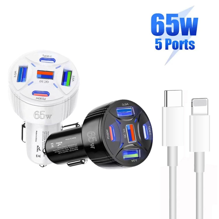 TE-P50 65W PD30W Type-C x 2 + USB x 3 Multi Port Car Charger with 1m Type-C to 8 Pin Data Cable