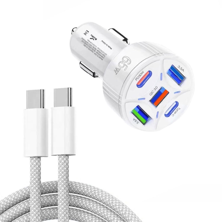 TE-P50 65W PD30W Type-C x 2 + USB x 3 Multi Port Car Charger with 1m Type-C to Type-C Data Cable