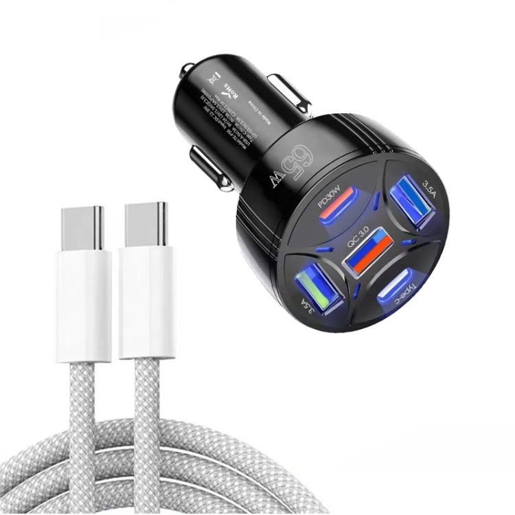 TE-P50 65W PD30W Type-C x 2 + USB x 3 Multi Port Car Charger with 1m Type-C to Type-C Data Cable