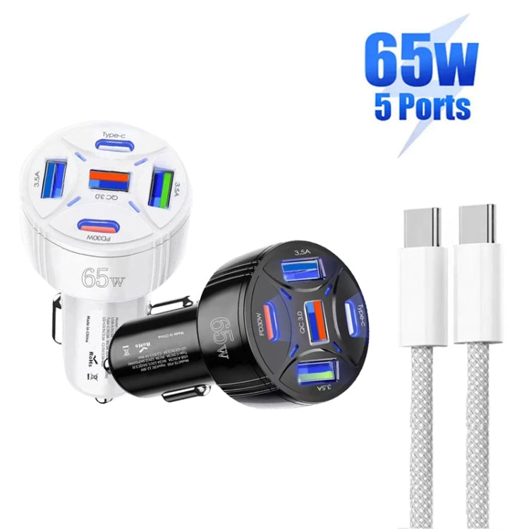 TE-P50 65W PD30W Type-C x 2 + USB x 3 Multi Port Car Charger with 1m Type-C to Type-C Data Cable