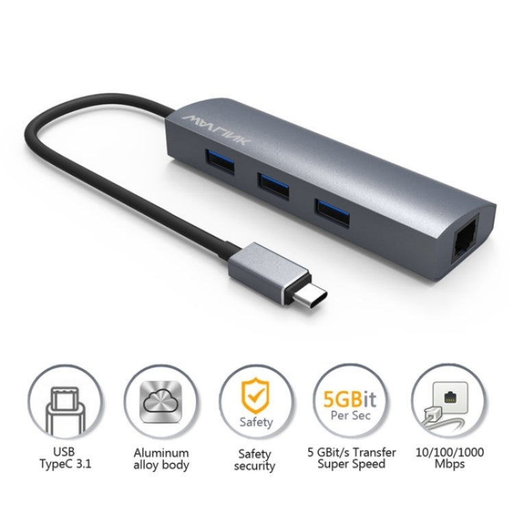 WAVLINK UH3031G/C Gigabit High Speed Hub Adapter Type-C to 3 x USB 3.0 + USB-C + RJ45 + DC Power Port