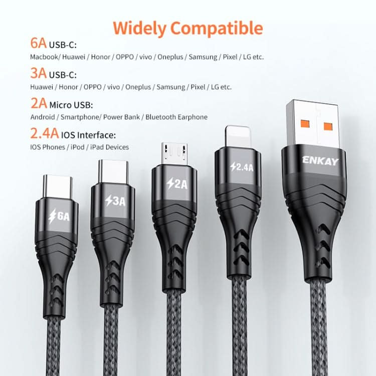 ENKAY 4-in-1 6A USB-A to Type-C / 8 Pin / Micro USB Multifunction Fast Charging Cable