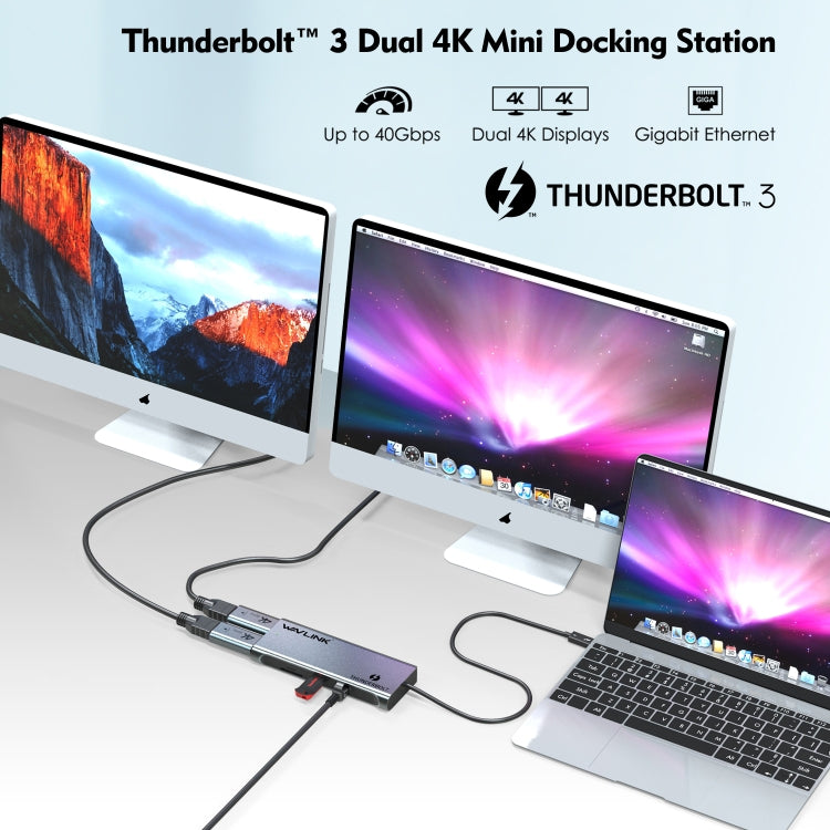 WAVLINK WL-UTD05H Thunderbolt 3 Dual 4K Mini Docking Station Converter With 2 DP to HD Adapters