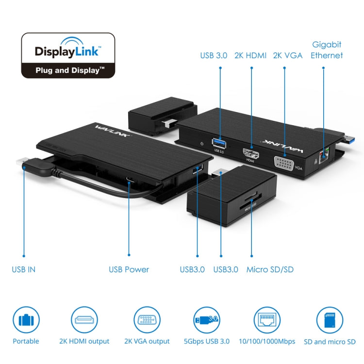 WAVLINK WL-UG39DH2 USB3.0 to HD / VGA / Gigabit Ethernet Splitter Adapter